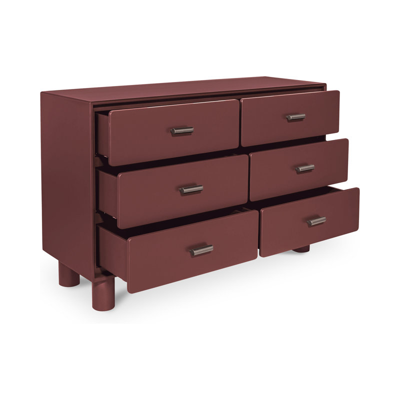 Commode, 6 tiroirs rouge foncé avec pieds ludiques et tablette ouverte, structure en bois d'hévéa, style moderne