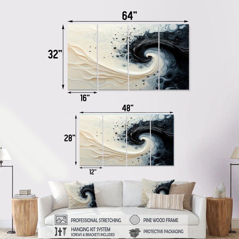 Noir et blanc en spirale encre rythmique rivière IV, H 28 po x l 48 po, 4
