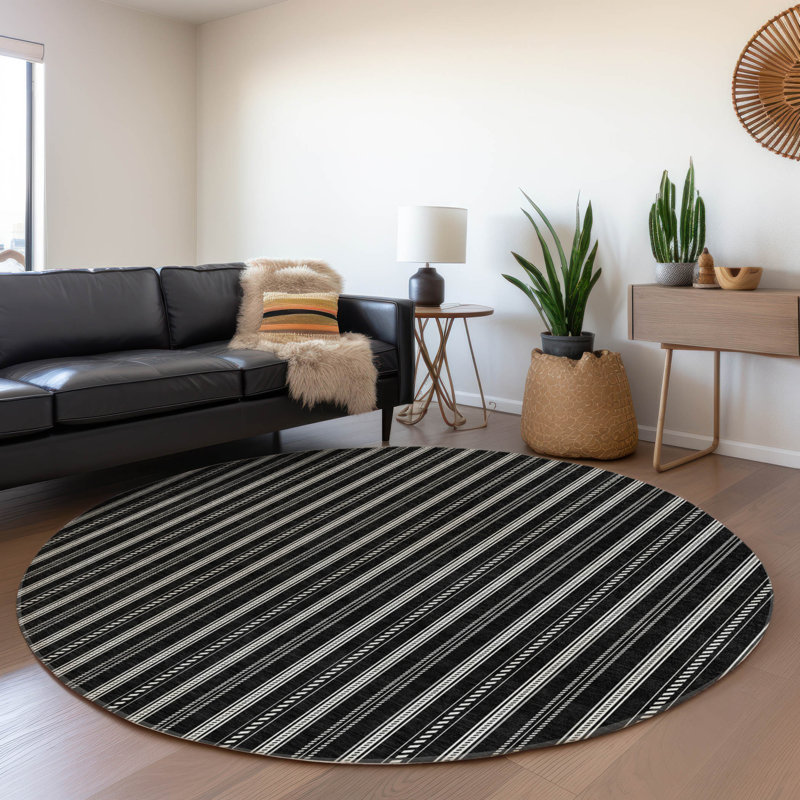 Premium Machine Washable Prisco Black Rug, Round 8'