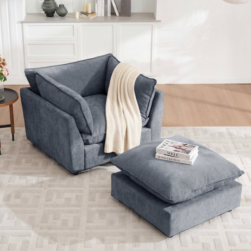 44.49" Accent Chair With Ottoman, Blue Gray Chenille