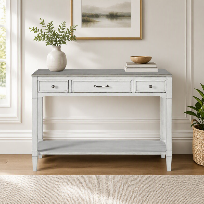 Table console avec tiroirs et tablette ouverte