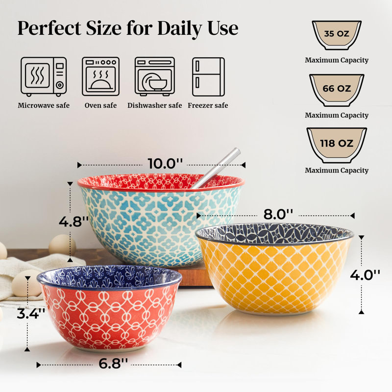 Mixing Bowls, Ceramic Mixing Bowls For Kitchen, Colourful Vibrant Nesting Bowls For Cooking, Baking, Prepping, Serving, Salad, Housewarming Gift, Microwave Dishwasher Safe, 3.7/2/1 Qt, Set Of 3