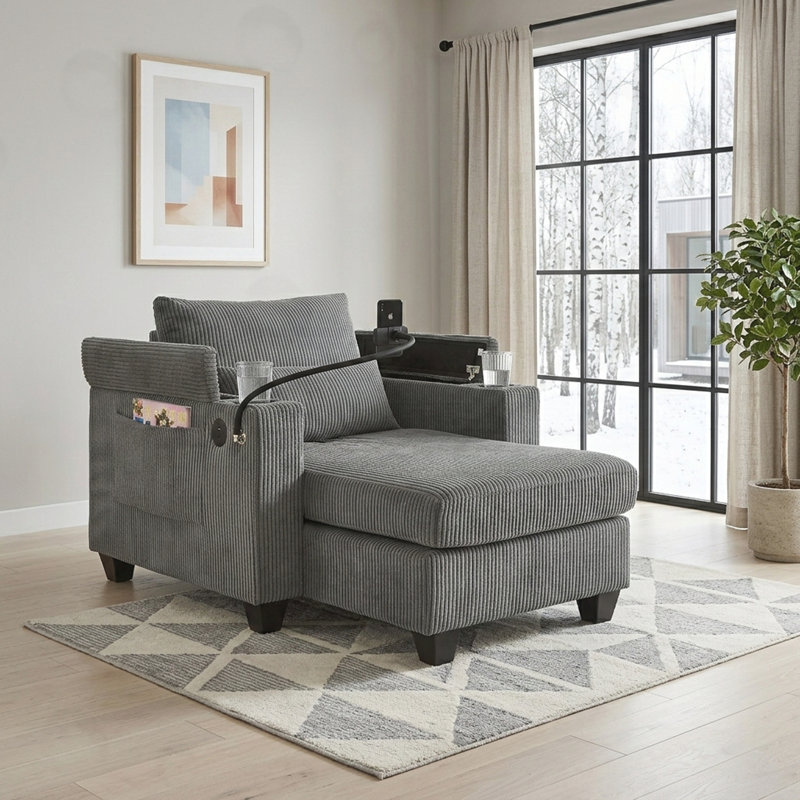 Chaise longue avec ports USB et deux porte-gobelets, Gris