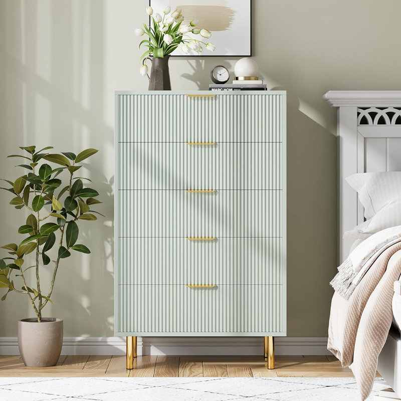 Dresser, Modern 5 Drawer Dresser for Bedroom with Gold Handle and Large Drawer,Double Chest of Drawers, Green