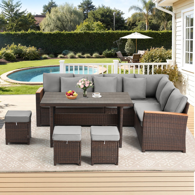 7 Piece Patio Furniture Set, Outdoor Sectional Couch With Dining Table & 3 Ottomans, Pe Rattan Outdoor Furniture Set For Garden Poolside Backyard