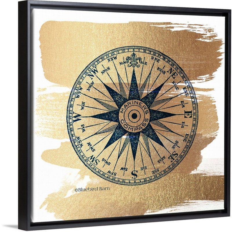 Or brossé rose Compass-impression sur toile, H 18 po x l 18 po x P 1,75 po, Cadre noir