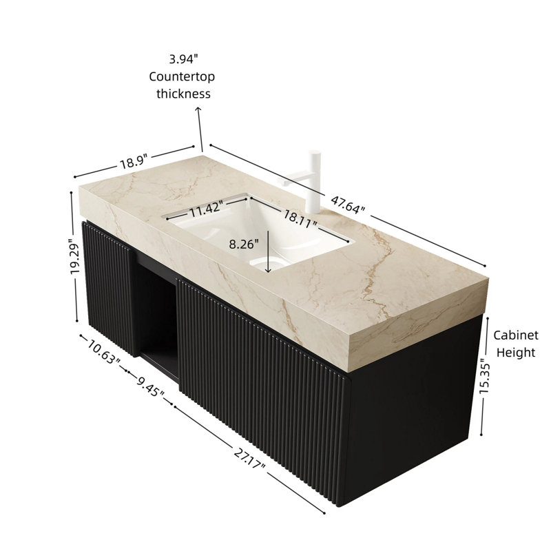 Meuble-lavabo suspendu simple de 122 cm avec comptoir en pierre frittée et lavabo en céramique