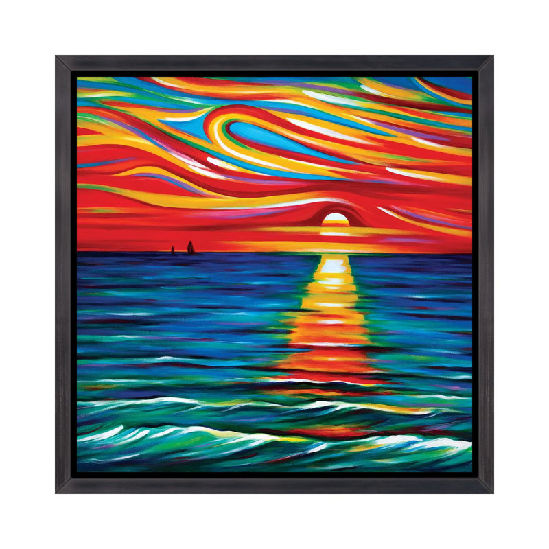 «The Gift Of Sunset» - reproduction, H 18 po x l 18 po x 1,5 po, Toile avec cadre noir patiné