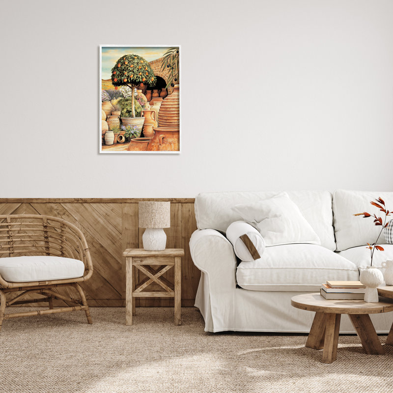 Oranger et scène de poterie par Eduardo, H 30 po x l 24 po x P 1,5 po, Giclée encadrée blanc bord de mer