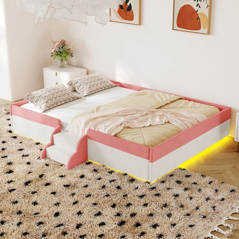 Lit double tapissier sur pied avec clôture, Rose et blanc