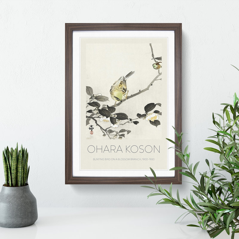 Bunting Bird on a Blossom Branch by Ohara Koson - Picture Frame Art Prints, 36cm H x 27cm W x 2cm D, Walnut
