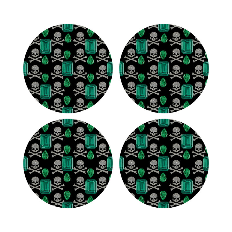 Gem Emeralds Skull Vegan Leather Round Coasters, Black