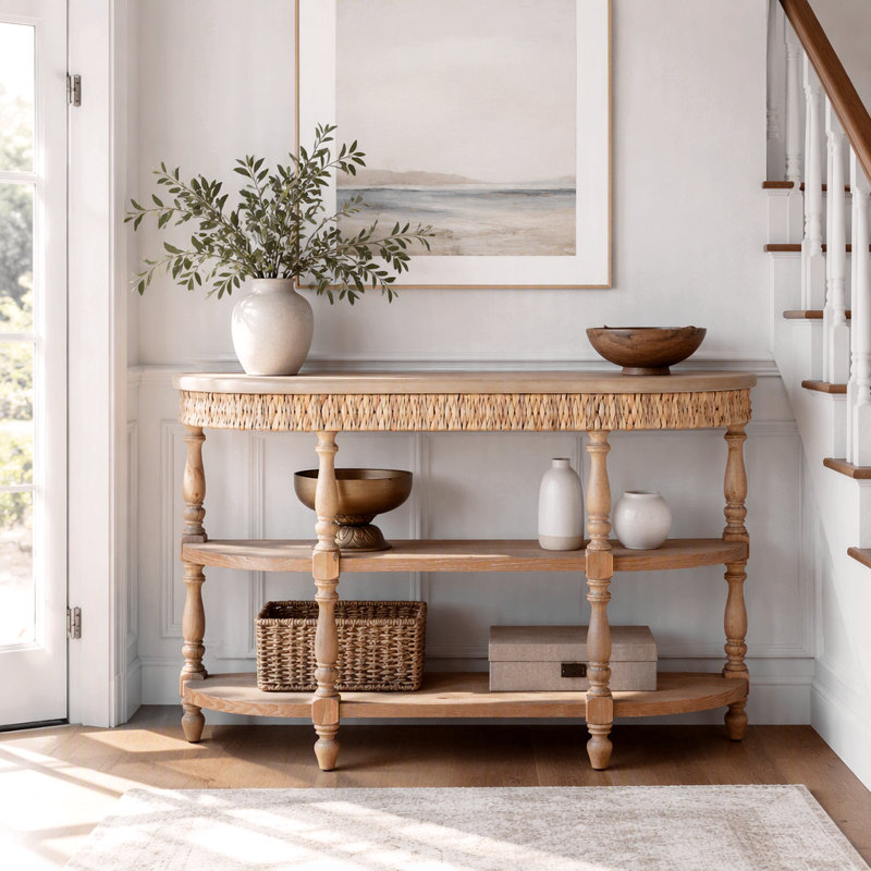Console en bois massif fabriquée à la main avec bordure tressée, étagères de rangement à 3 niveaux, table d'entrée ovale avec pieds sculptés, table d'appoint rustique de style bord de mer, table de canapé de couloir de 124 cm