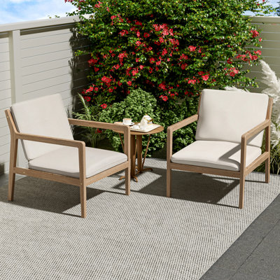 Ensemble de conversation d'extérieur en bois avec 2 chaises de club de patio contemporaines avec coussins d'eau et conception de 2, dossiers à lattes, pour le jardin