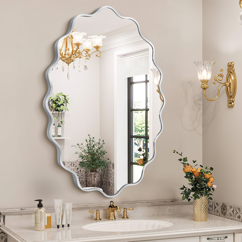 Scalloped Oval Metal Wall Mirror, Silver, 36" x 24"