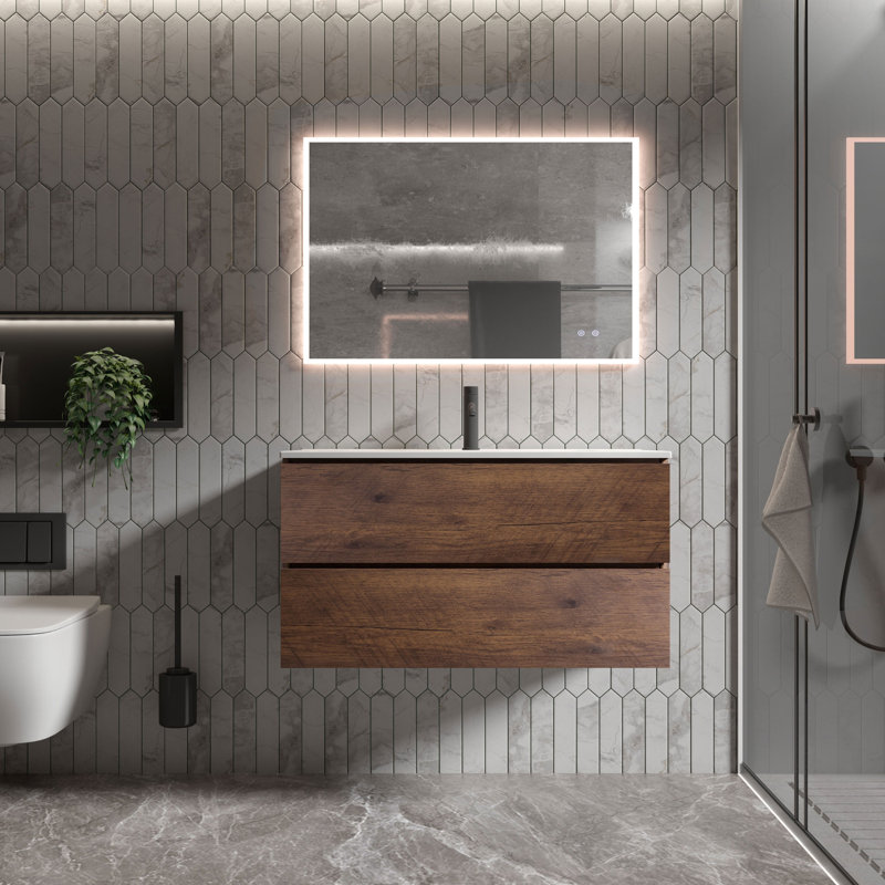 Kersha 36 Inch Single Bathroom Vanity with Ceramic Top with Overflow, Pre-Assembled, Brown, 36", Single Hole