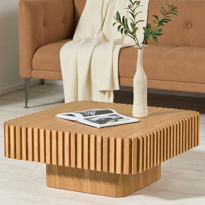 Table basse cylindrique de 35,43 pouces fabriquée à la main, plateau carré en placage de bois avec base piédestal robuste en bois aggloméré, table d'appoint de salon compacte avec texture de grain de bois naturel et relief en bois massif