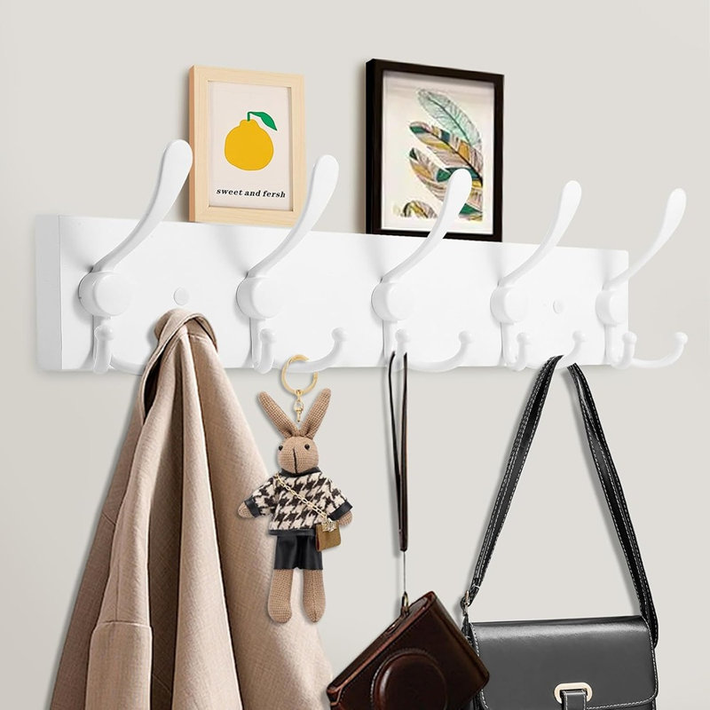 Portemanteau mural - planche de bois de pin blanc avec 5 crochets pour manteaux, chapeaux, vestes