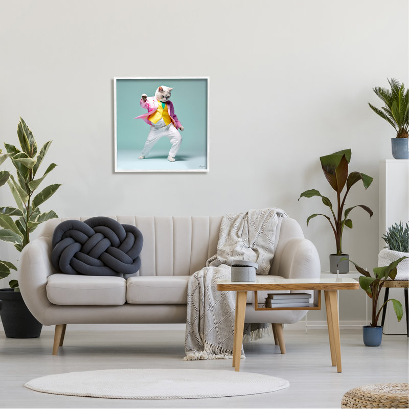 Az-157-Reproduction d'un chat dansant sur toile par Roozbeh, Giclée encadrée blanc bord de mer, H 24 po x l 24 po x P 1,5 po