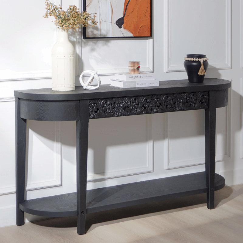 Console 59,2 po en bois sculpté noir avec tablette de rangement inférieure et deux tiroirs, décor décoratif élégant