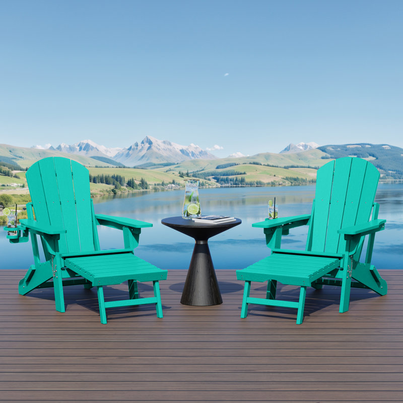 Laguna Outdoor Folding Adjustable Adirondack Chair With Cup Holder & Hideaway Ottoman (Set Of 2), Teal
