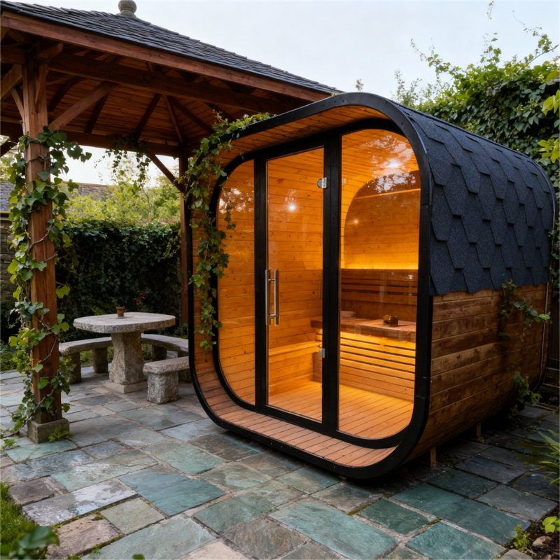 4-6 Person Black Square Premium Thermo Spruce Wood Outdoor Sauna