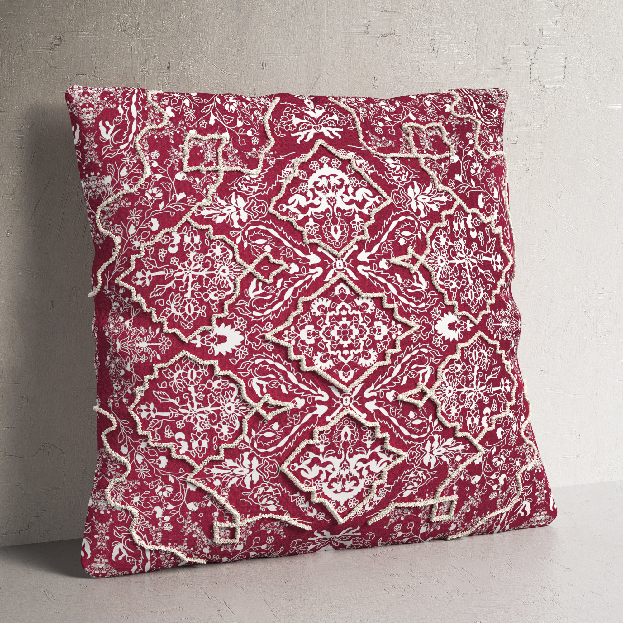 Caitlyn Embroidered Linen Throw Pillow, Red/Neutral, 22" H x 22" W x 0.2" D, No Fill