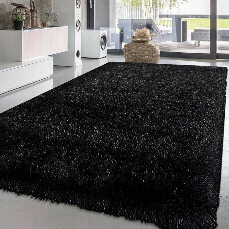Natty Black Shaggy Glitter Area Rugs & Mat – Luxury Soft Sparkle Shag Pile Carpet with Non-Slip Backing for Living Room, Bedroom, Hallway & Kitchen