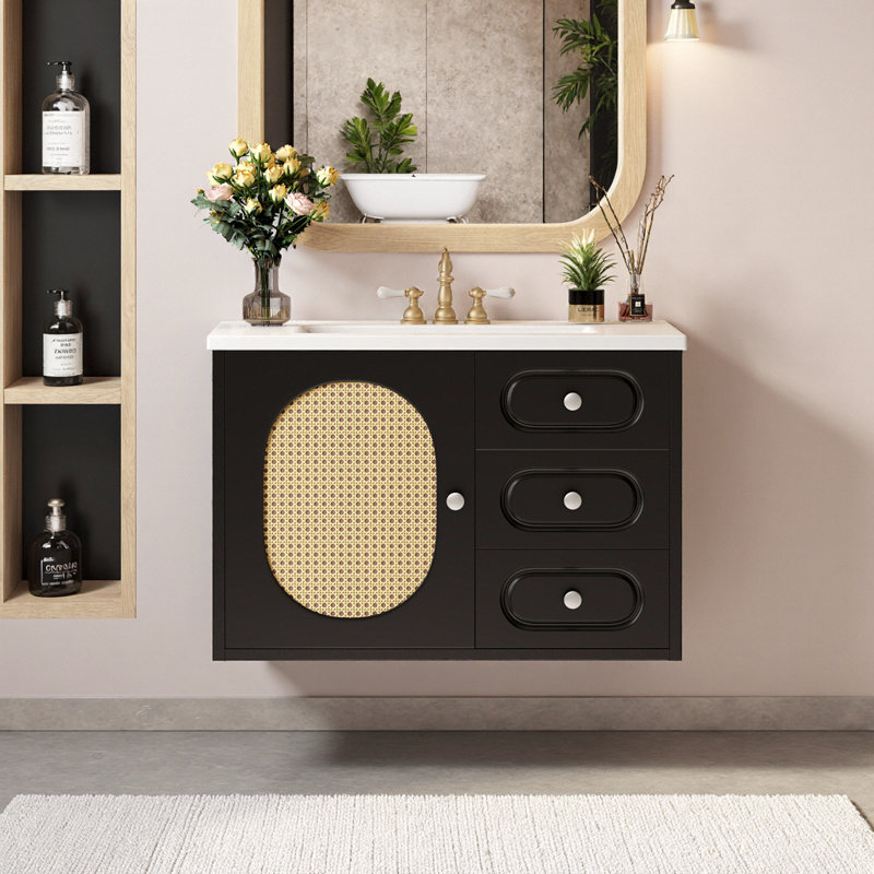 30" Black Mid-Century Bathroom Vanity with Ceramic Sink and 2 Drawers