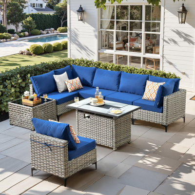 Ensemble de conversation modulaire réversible pour 6 personnes, ensemble de conversation de patio en osier avec table basse éclairée, ensemble de chaises pivotantes toutes saisons avec coussins