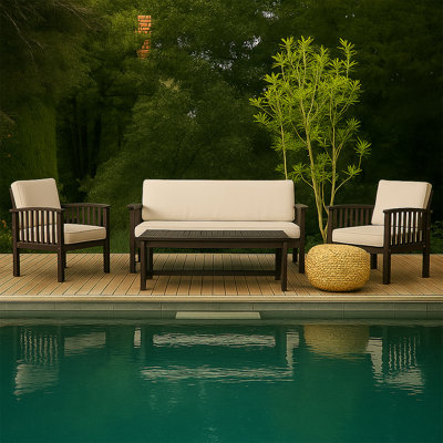 4-Piece Outdoor Patio Conversation Set With Cushions And Wooden Frame, Weather-Resistant Seating And Table For Backyard, Porch, Or Garden Lounge