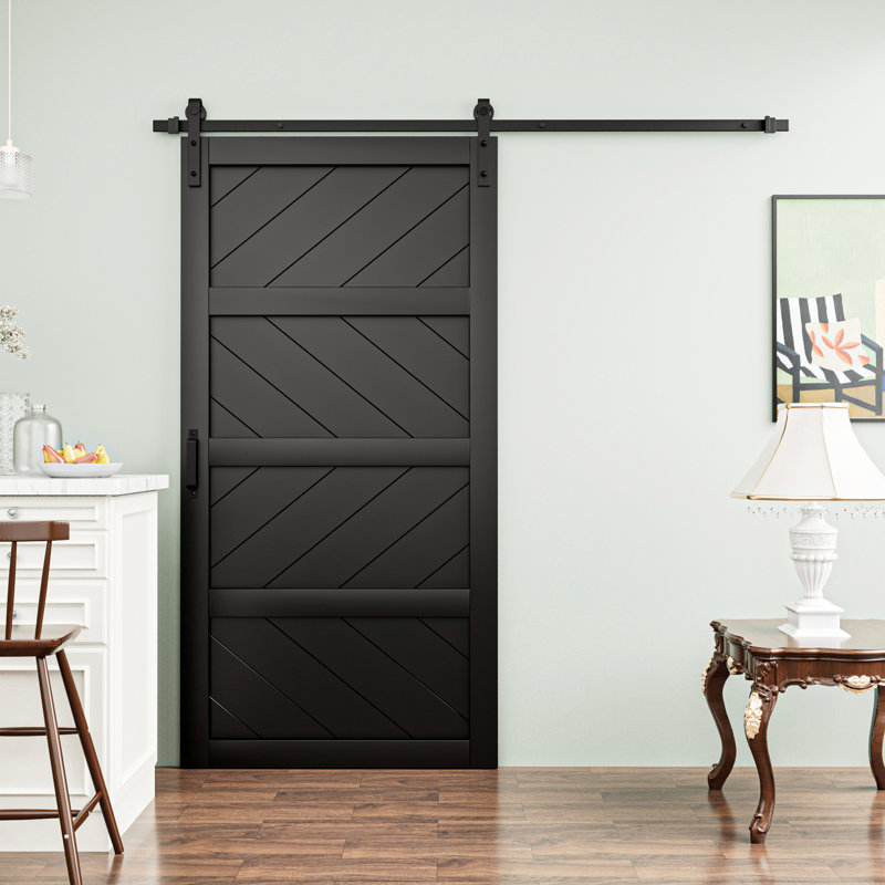 Paneled Solid Manufactured Wood Barn Door with Installation Hardware Kit, Black, 42" x 84"