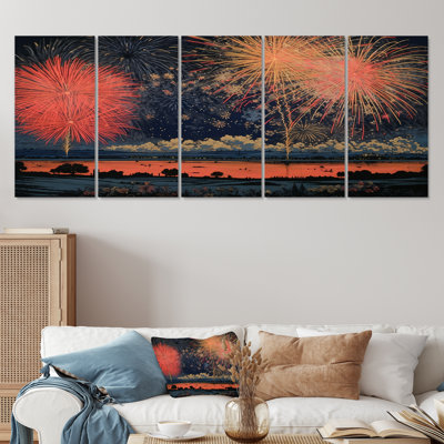 Feux d'artifice du Nouvel An au-dessus du pays - art mural sur toile 5 pièces
