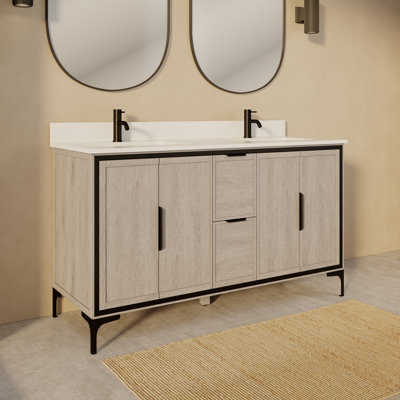 Meuble-lavabo à double cuve en bois massif l 60 po x P 22 po Thayer en gris argenté avec rangement furtif et plateau en pierre reconstituée