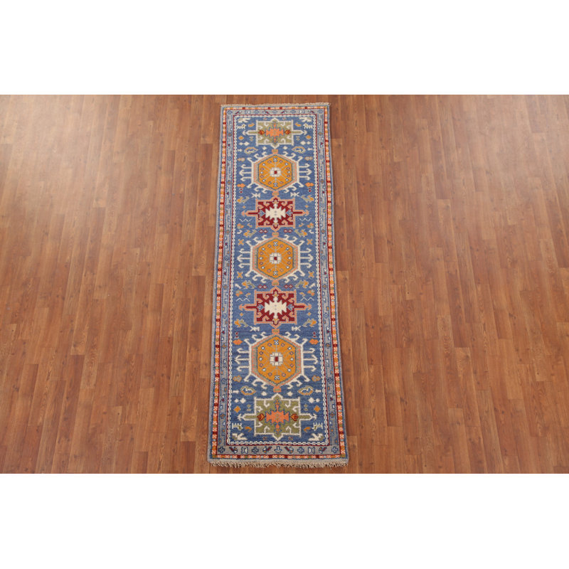 Tapis de couloir indien bleu traditionnel 2x8