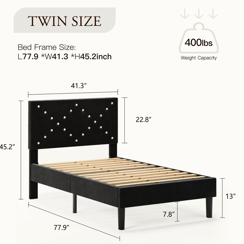 Lit plateforme noir tapissier simple, fabrication en métal et en bois, pieds de support avec embouts en plastique, barres silencieuses à conception silencieuse, capacité de 800 livres, lattes solides pour matelas en mousse à mémoire de forme ou à ressorts, facile