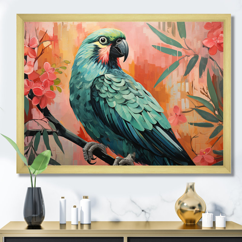 «Blue and Pink Parrot Paradise III», art mural perroquet, Cadre doré à coins fermés, H 30 po x l 40 po x P 1,5 po