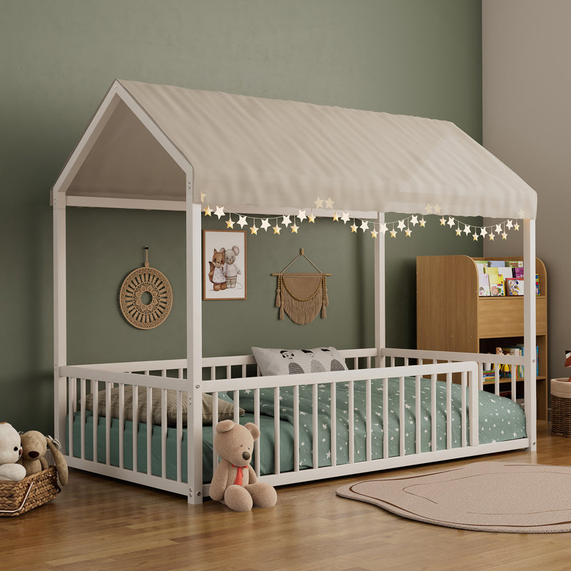 Structure de lit en métal pour enfants et tout-petits, en forme de maison avec garde-corps, facile à assembler et idéale pour jouer et dormir