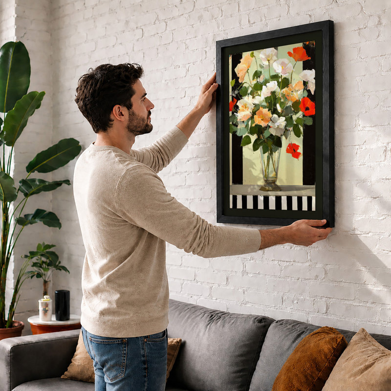 Vase With Autumn Blooms Botanical - Single Picture Frame Print, A2 - 59.4 x 42.0 cm, Black