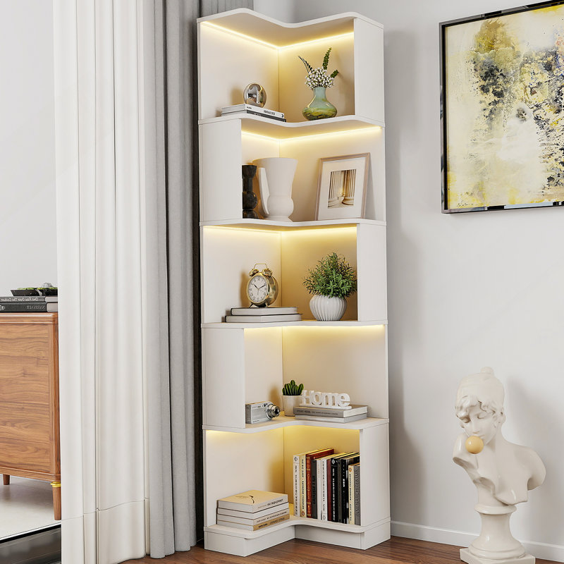Étagère d'angle avec bibliothèque à 5 niveaux avec chicane, Blanc