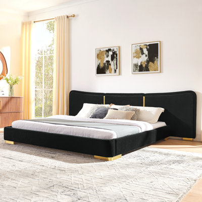 King Size Extra Large Platform Bed, Soft Chenille Fabric Frame, Curved Headboard, Reinforced Electroplated Metal Legs, Flexible DIY Side Space Design