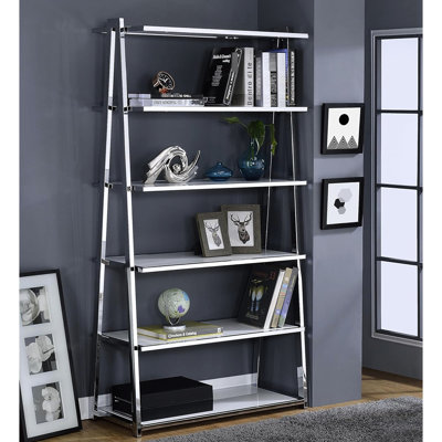 6 Vertical Storage Shelf With White High Gloss Finish And Metal Frame, Open Back For Flexible Placement, 35.35 In Depth, 15.87 Width, 70.22 Height Bookshelf Office Or Home,