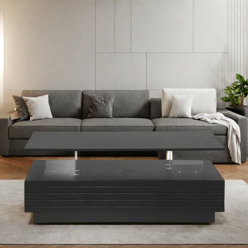 Rectangular LED Lights Coffee Table with 2 drawers, Black