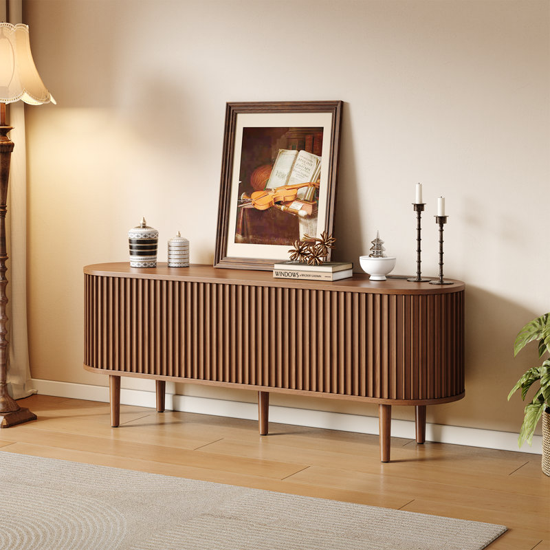 Mid-Century Modern Fluted Oval Tv Stand With Built-In Power Outlet To Fits Up To 75" Tvs, 7.88”H x 59.06”L x 15.75”W