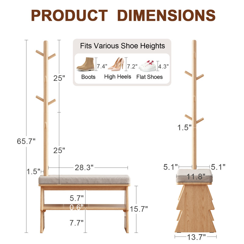 Adryell Solid Wood Entryway Shoe Bench with Coat Rack, Cushioned Seat & Double Shoe Storage Shelves, Tan