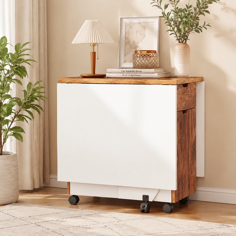 Folding Drop Leaf Dining Table with Storage and Lockable Wheels, White
