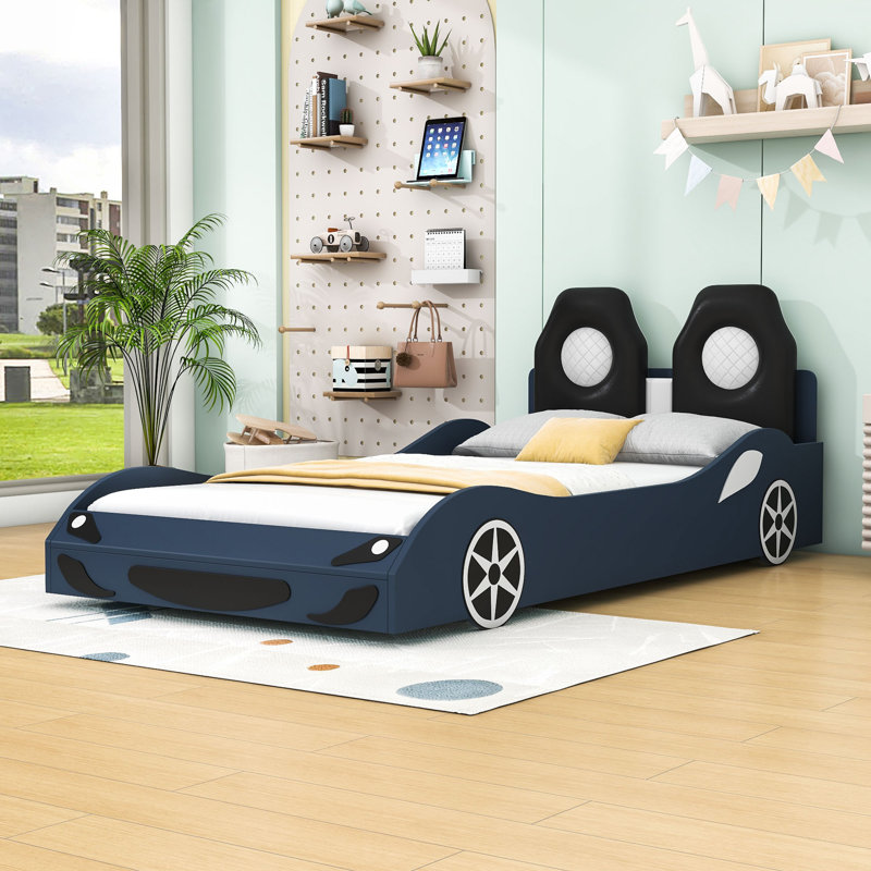 Twin Wood Race Car-Shaped Platform Bed with LED and Upholstered Backrest, Blue