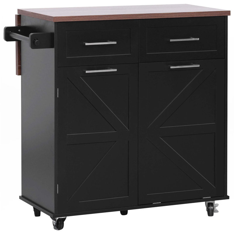 47.2" Farmhouse Kitchen Island With Drop Leaf, Kitchen Storage Island With Removable Side Racks, Two Drawers, Rolling Kitchen Cart On Wheels