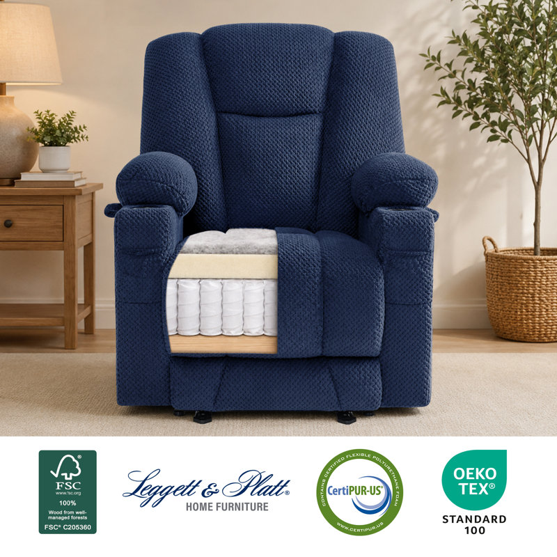 Fabric Electric Power Recliner Chair with Heat and Massage, USB Charge Ports, Extended Footrest, Navy Blue