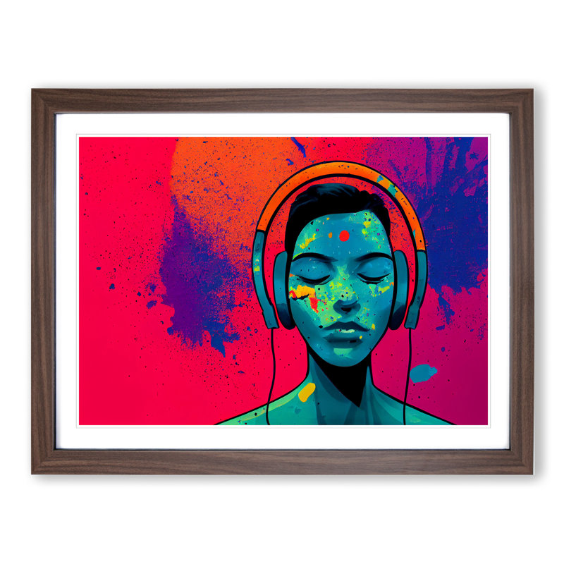 Man With Headphones Abstract - Single Picture Frame Painting, 46cm H x 64cm W x 2cm D, Walnut